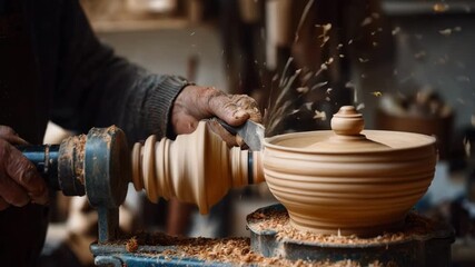 Manual woodworking lathe in action showing a craftsman carefully shaping a wooden bowl with handpowered precision tools.