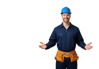 professional caucasian tradesman in a navy jumpsuit and blue hard hat standing against a transparent background, smiling confidently, presenting with open hands, concept of skilled labor and service