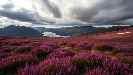 grampian. A vast landscape of mountains covered in blooming purple heather under a moody sky. travel magazines, destination branding, designed for travel destination branding, used by photographers.