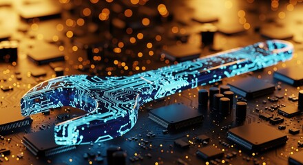 Glowing digital wrench tool overlaid with a circuit board pattern resting on an electronic motherboard.