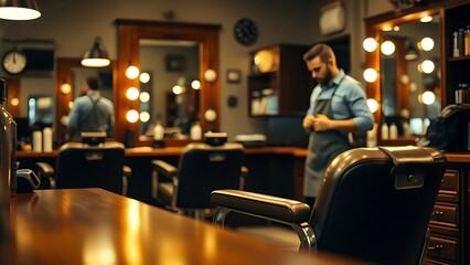 razor. Barber shop interior with a leather chair and mirror reflection, warm golden lighting. lifestyle magazines, social media lookbooks, designed for influencer and brand collaborations.