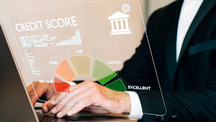 Interactive interface credit rating, man at computer looking at charts, microloans and leasing