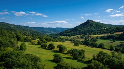Obraz premium Panoramic View of Lush Green Hilltop Ridge Overlooking Open Fields Under Clear Blue Sky