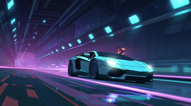 Futuristic Sports Car Racing Through Cyberpunk Neon Tunnel