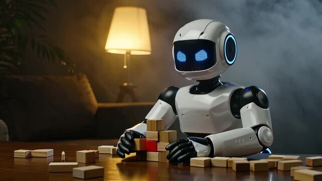 Futuristic white robot playing with wooden blocks, humanoid artificial intelligence learning at home, smart android toy building with cubes