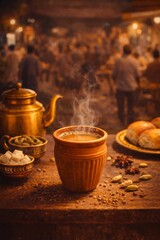 Fototapeta premium Steaming Chai Tea in Traditional Clay Cup, Spices & Teapot on Rustic Table, Busy Market Background