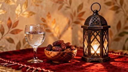 Iftar setting with bowl of dates water and glowing lantern creating warm inviting Ramadan celebration atmosphere