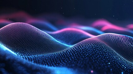 A futuristic digital landscape with neon waves and glowing particles on a dark background