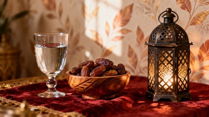 Iftar setting with bowl of dates water and glowing lantern creating warm inviting Ramadan celebration atmosphere
