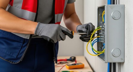 Professional electrician connecting wires inside a terminal box using a screwdriver