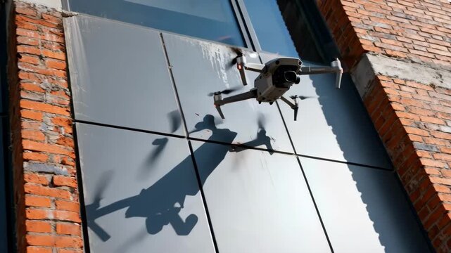 Professional drone capturing brick and metal exterior surfaces on a modern urban highrise for structural analysis.