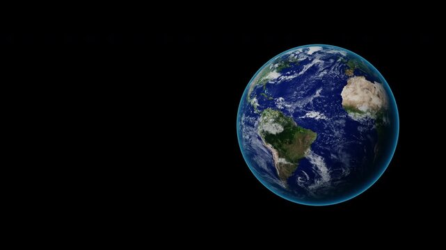 Planet Earth rotating loop with clouds and atmosphere, copy space on left for news background, realistic 3D rendering.