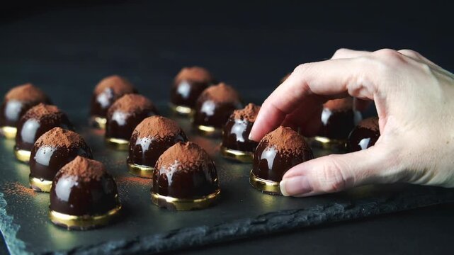 Woman hand picking up luxury chocolate bonbon from plate