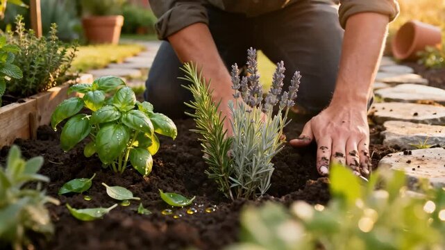 Medium shot of a gardener planting vibrant aromatic herbs highlighting textures and scents in a sensory garden designed to engage the olfactory sense.