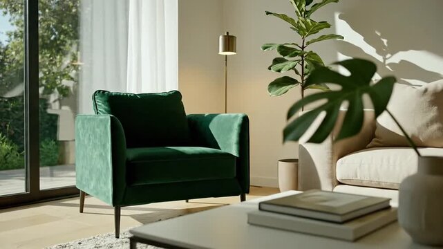 A serene living room featuring a green velvet armchair and a beige sofa, with natural light streaming through large windows, highlighting a stylish indoor plant and decorative items