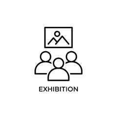 Exhibition icon featuring people gathered around a display screen showcasing a graphic image of a mountain landscape