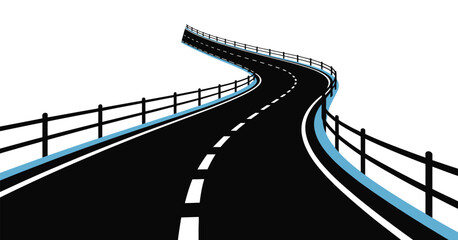 Fototapeta premium Winding black asphalt road with white dashed lines and black fence