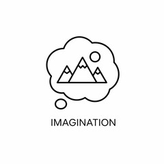 Simple black and white icon representing imagination with mountains in a thought bubble