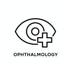 A simple line icon representing ophthalmology with an eye and cross symbol