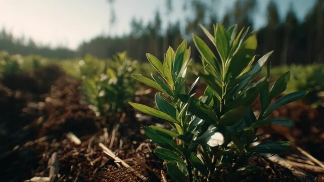 Medium shot focusing on fastgrowing wood plantations emphasizing renewable resources and rapid harvest for sustainable millwork production.