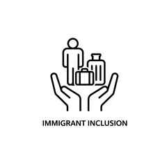Hands holding people and objects icon symbolizing immigrant inclusion and social integration