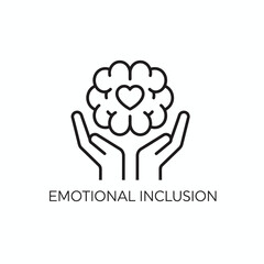 An illustration icon of hands holding a brain with a heart, symbolizing emotional inclusion and care for mental well-being and support.