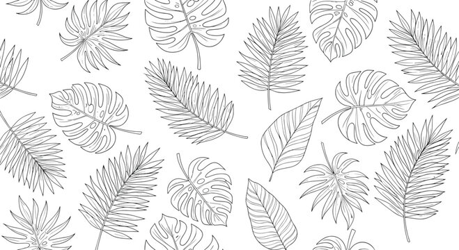 Seamless tropical leaf pattern featuring detailed black and white sketches of monstera and palm leaves on a plain white background for art.