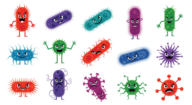 Set of diverse cartoon microbes and bacteria characters with different colors, shapes, and funny facial expressions for biology education.