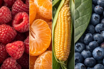 Fresh, ripe red berries and fruits like strawberries, raspberries, and blueberries on a wooden table for a healthy summer dessert