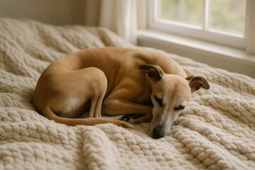 Whippet dog curled up, peacefully sleeping on a soft knitted blanket by a window, showing comfort and relaxation at home