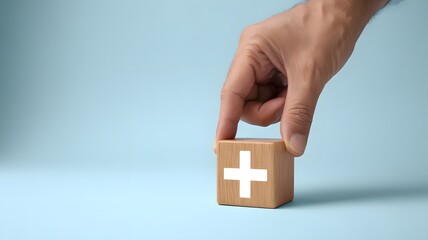Value add concept. Hand place wooden cube with plus sign on light blue background. Positive thinking or personal growth and development. download style which means value added. value add for business.