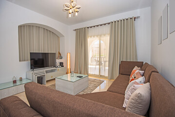 Interior design of luxury apartment living room with balcony terrace