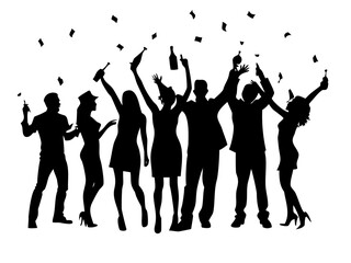 Party Crowd Silhouette with Balloons and Confetti Celebration Group Isolated