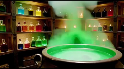 Mystical alchemist's workshop with bubbling cauldron and colorful potions