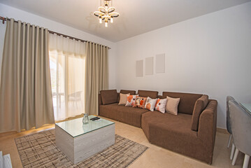 Interior design of luxury apartment living room with balcony terrace