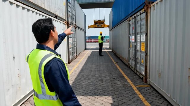 Crew member uses a tablet to verify container positions on a cargo ship deck coordinating with crane operators for secure loading procedures.