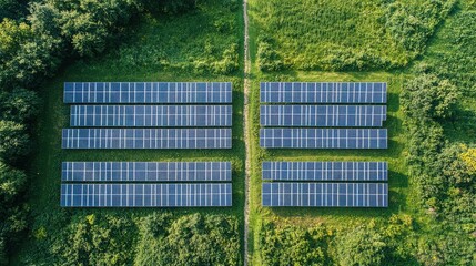 An expansive aerial view reveals multiple rectangular arrays of solar panels neatly arranged within a vibrant green natural landscape.