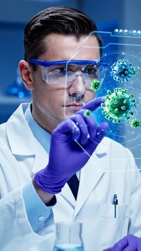 Scientist conducting research in laboratory. Medical professional analyzes viral data on digital screen. Atmosphere is focused, innovative, and high-tech. Vertical format showcases modern technology.