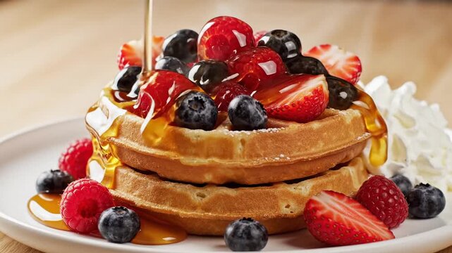 A delicious stack of golden waffles topped with fresh strawberries, blueberries, and raspberries, drizzled with syrup, served on a white plate with whipped cream on the side