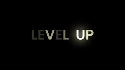Level Up text animation with dynamic motion effects, modern gaming style typography, glowing upgrade message for digital success visuals. - Powered by Adobe