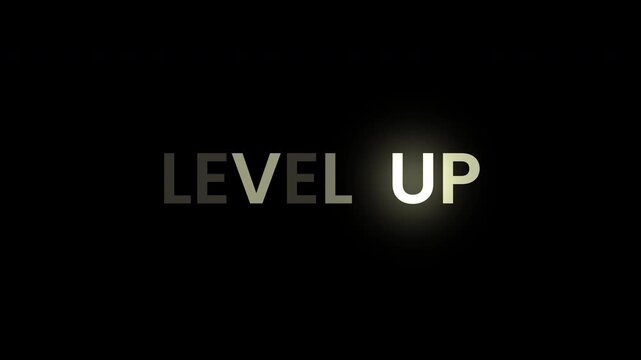 Level Up text animation with dynamic motion effects, modern gaming style typography, glowing upgrade message for digital success visuals.