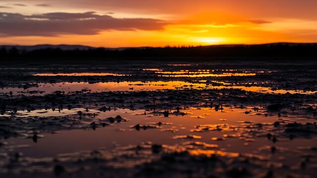 Vibrant sunset over serene wetland landscape with reflective water - Powered by Adobe