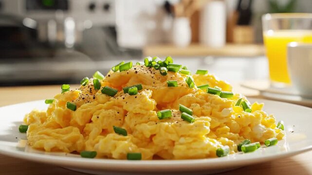 A close-up view of fluffy scrambled eggs garnished with green onions, served on a white plate in a modern kitchen setting with a glass of orange juice in the background