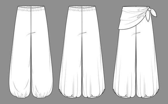Women&rsquo;s fleece jogger pants vector CAD, bohemian balloon trousers with waistband and sarong scarf detail, fashion technical flat drawing, front view, white color