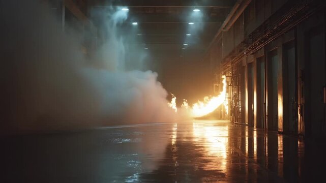 Medium shot of a waterbased fire suppression system activating in an industrial facility showcasing powerful jets extinguishing flames rapidly.