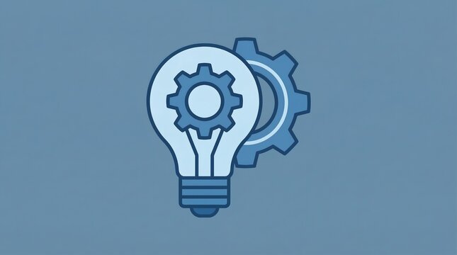 A creative lightbulb with a gear inside on a blue background representing innovation and ideas - Powered by Adobe