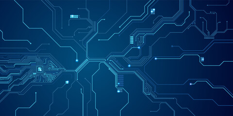 Abstract AI circuit board background. Technology connected blue lines with electronics elements on tech bg. Computer motherboard with a chip, processor, and semiconductor. Digital vector illustration