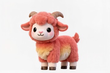 Cute baby zodiac goat chibi, 3D cartoon illustration, fluffy texture, pastel red gold colors, sweet smile, white background, stock illustration