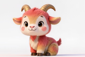 Cute baby zodiac goat chibi, 3D cartoon illustration, fluffy texture, pastel red gold colors, sweet smile, white background, stock illustration