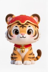 Cute baby zodiac tiger chibi, 3D cartoon illustration, soft stripes, friendly expression, red and gold accessories, isolated white background